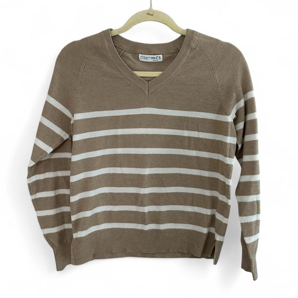 Primark Tan and White V-Neck Sweater